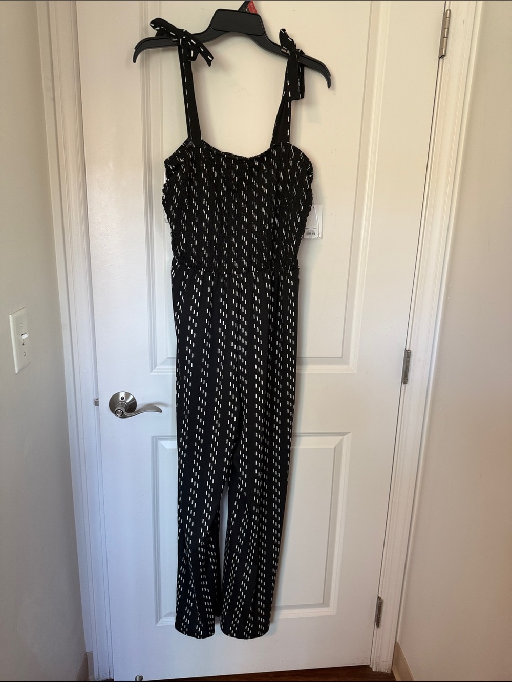 SO Black Jumpsuit with White Dot Stripe Print and Tie Shoulders